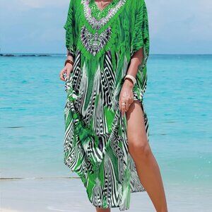 Ramadan Graphic Print V-neck Kaftan Dress, Elegant Batwing Sleeve Split Maxi Len